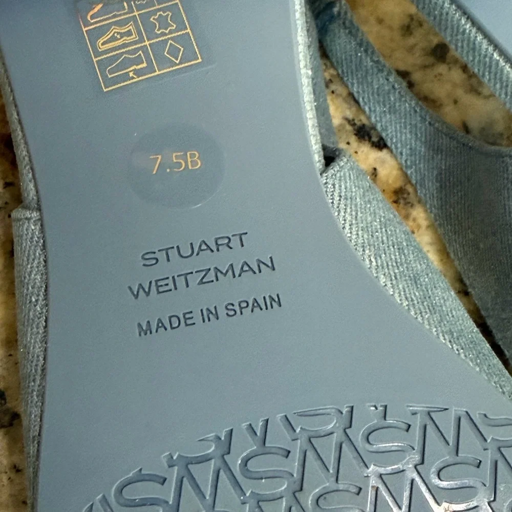 NWOT Stuart Weitzman Sleek Denim Bow Slingback Flat, Size 7.5